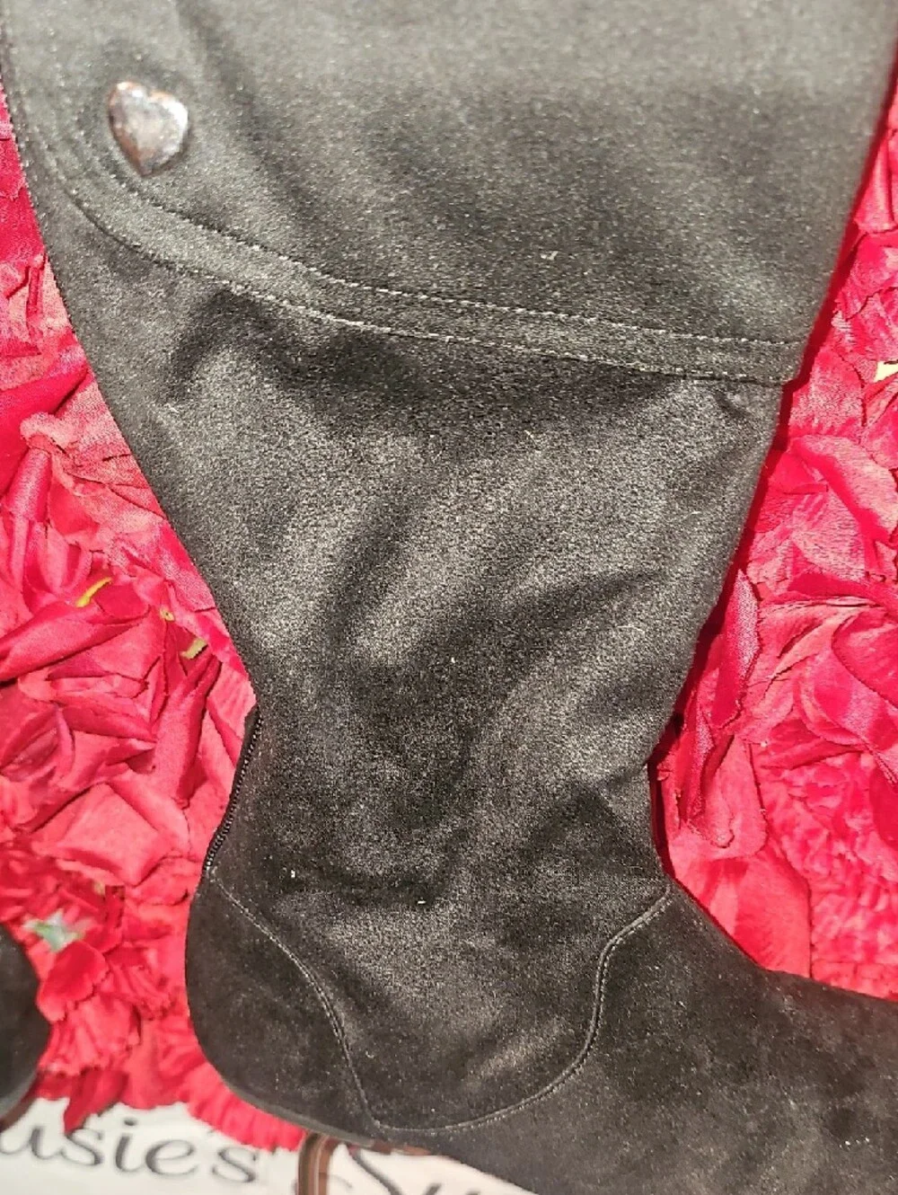 American Eagle Black Knee-High Fold-Over Faux Suede Boots with Heart Size 4½